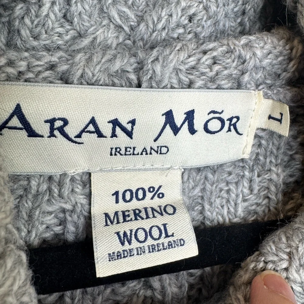 Aran Mor Merino Wool Turtleneck Sweater Made in Ireland Size L chunky cable knit - Picture 3 of 7